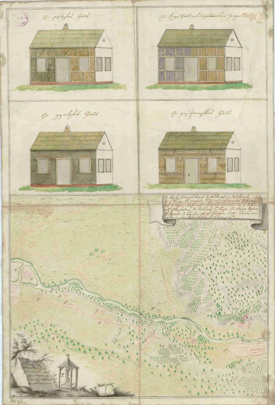 Pläne verschiedener Typen von Kolonistenhäusern mit einer Karte der Gegend zwischen Arad und Lippa, Banat; um 1766