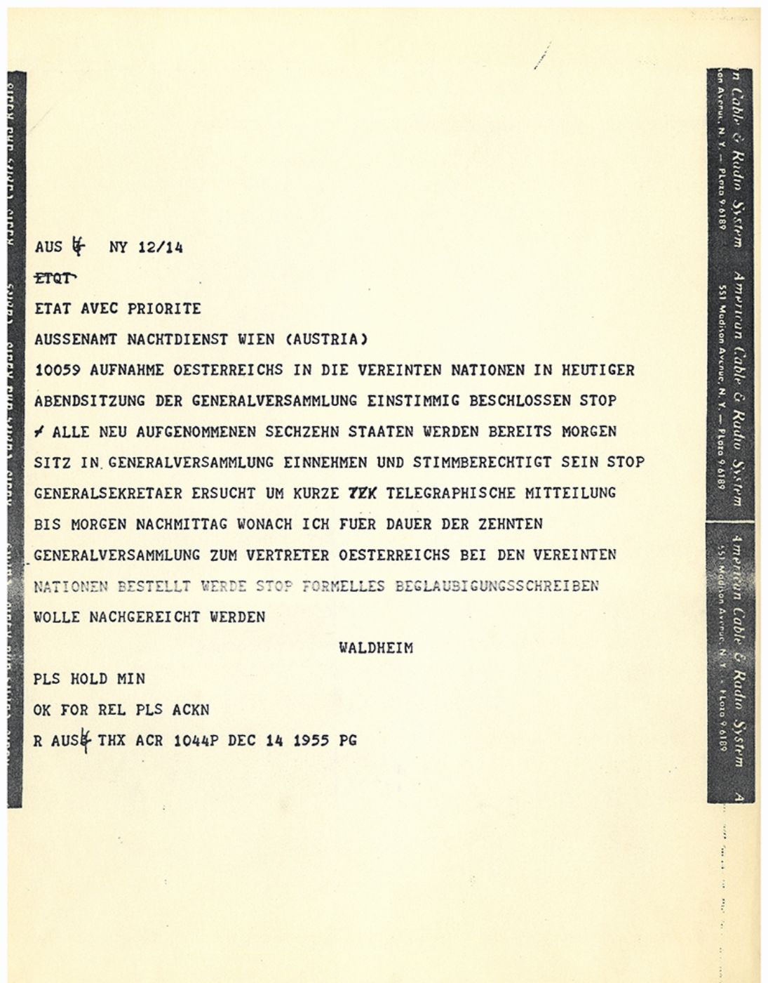 Telegramm Waldheim zum UNO-Beitritt