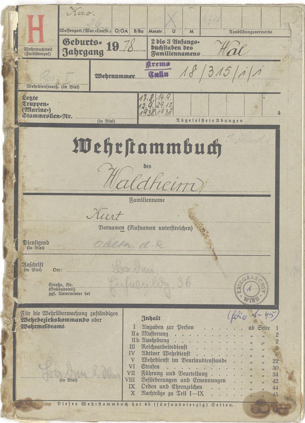 Wehrstammbuch Kurt Waldheim