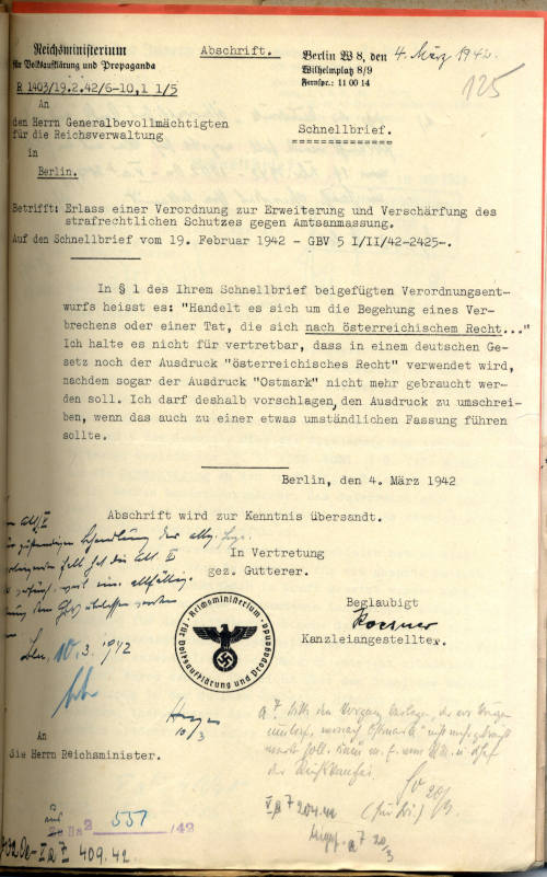 Schreiben des Reichsministerium für Volksaufklärung und Propaganda vom 4. März 1942 © Östa 