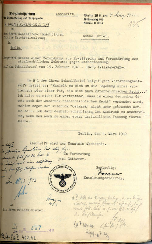 Schreiben des Reichsministerium für Volksaufklärung und Propaganda vom 4. März 1942 © Östa