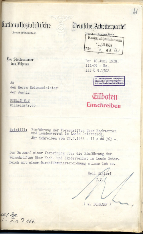 Schreiben von Martin Bormann vom 10. Juni 1938 © Östa 