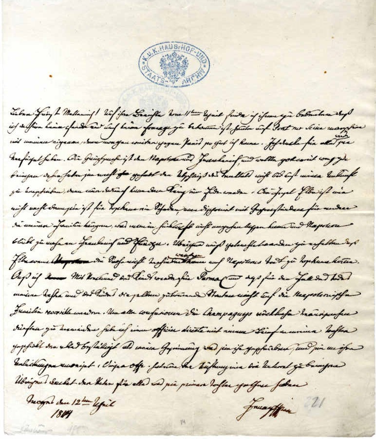 Schreiben Kaiser Franz II./I. an Metternich betreffend die schlechte Eignung der Insel Elba als Exil für Kaiser Napoleon I. © Östa