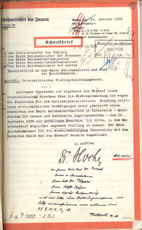 Schnellbrief des Reichsminister des Innern vom 10. Oktober 1938 © Östa 