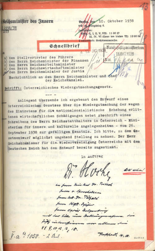 Schnellbrief des Reichsminister des Innern vom 10. Oktober 1938 © Östa