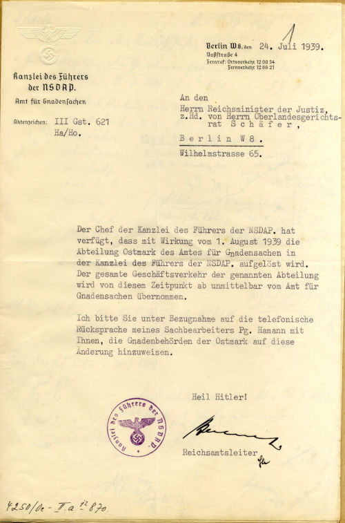 Schreiben der Kanzlei des Führers der NSDAP vom 24. Juli 1939 © Östa